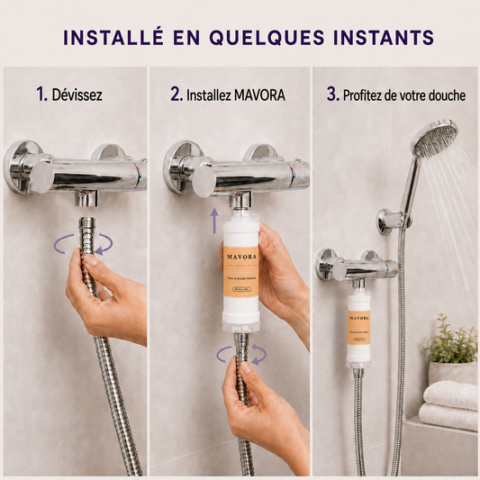 Filtre de douche MAVORA Pêche-Miel installé sur un flexible de douche